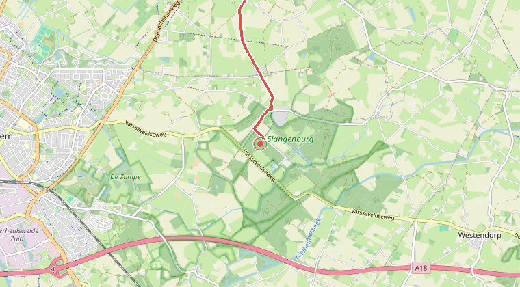 Kaart van de omgeving van de melding, met de kazerne die is gealarmeerd