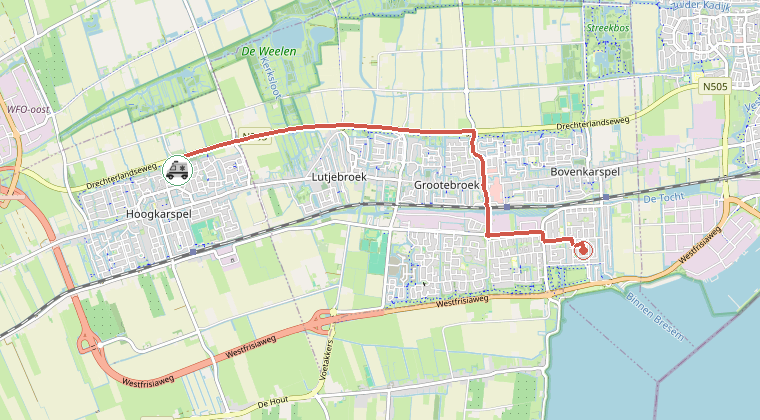 Kaart van de omgeving van de melding, met de kazerne die is gealarmeerd