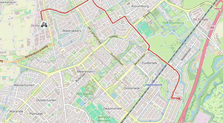 Kaart van de omgeving van de melding, met de kazerne die is gealarmeerd