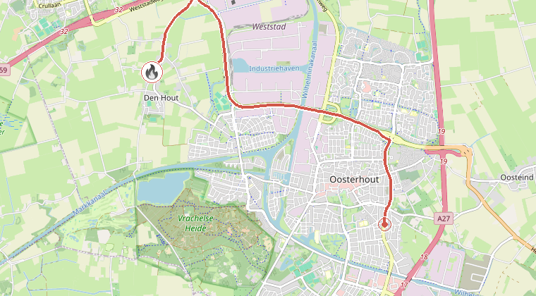 Kaart van de omgeving van de melding, met de kazerne die is gealarmeerd