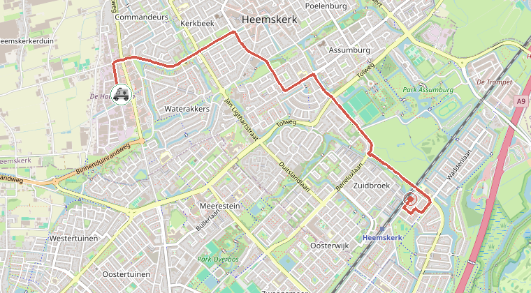 Kaart van de omgeving van de melding, met de kazerne die is gealarmeerd