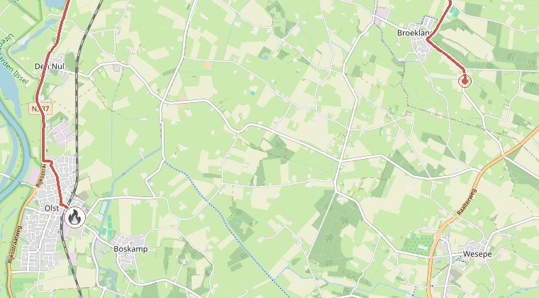 Kaart van de omgeving van de melding, met de kazerne die is gealarmeerd