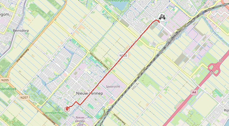 Kaart van de omgeving van de melding, met de kazerne die is gealarmeerd