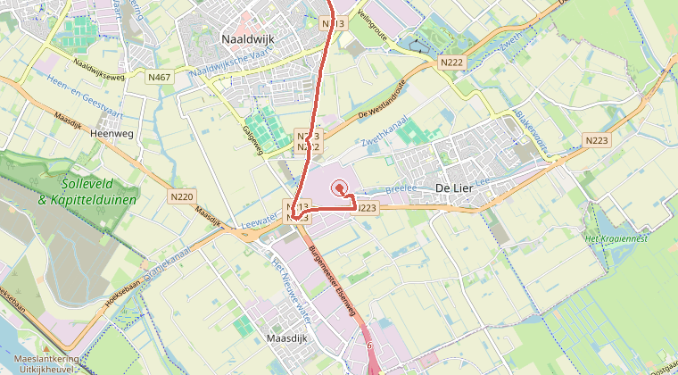 Kaart van de omgeving van de melding, met de kazerne die is gealarmeerd