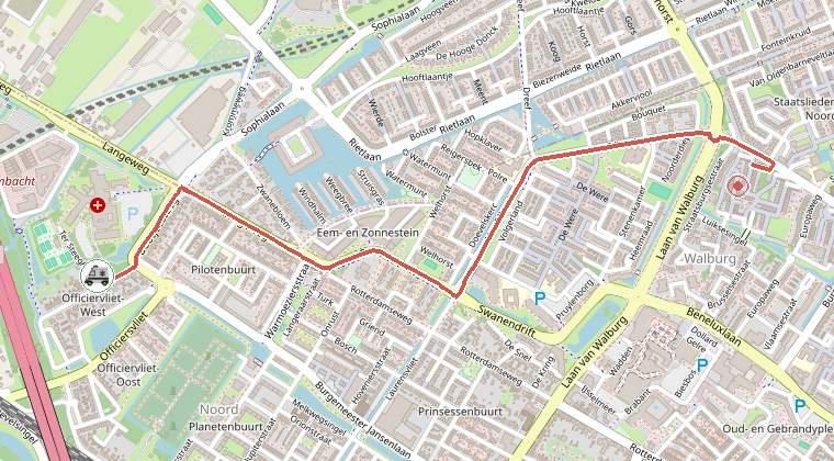Kaart van de omgeving van de melding, met de kazerne die is gealarmeerd