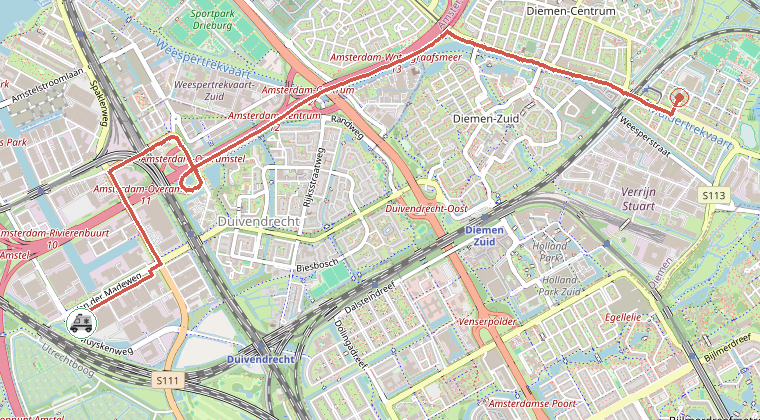 Kaart van de omgeving van de melding, met de kazerne die is gealarmeerd