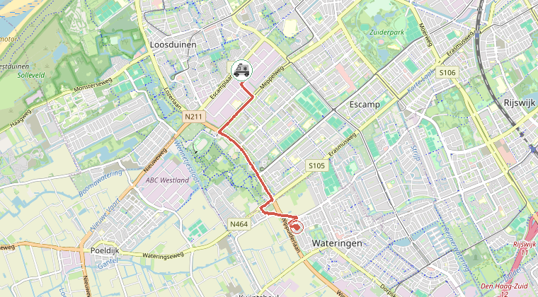 Kaart van de omgeving van de melding, met de kazerne die is gealarmeerd