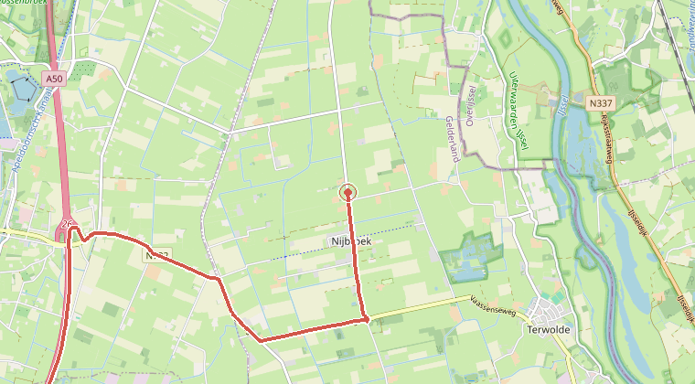 Kaart van de omgeving van de melding, met de kazerne die is gealarmeerd