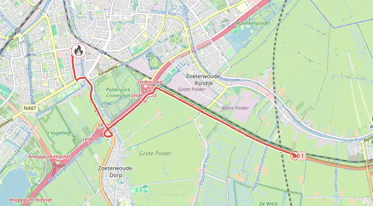 Kaart van de omgeving van de melding, met de kazerne die is gealarmeerd