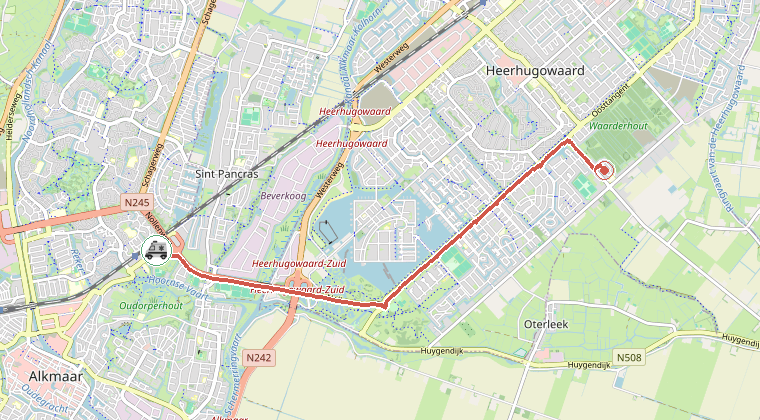 Kaart van de omgeving van de melding, met de kazerne die is gealarmeerd