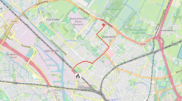 Kaart van de omgeving van de melding, met de kazerne die is gealarmeerd