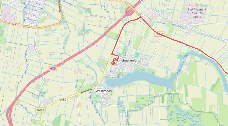 Kaart van de omgeving van de melding, met de kazerne die is gealarmeerd