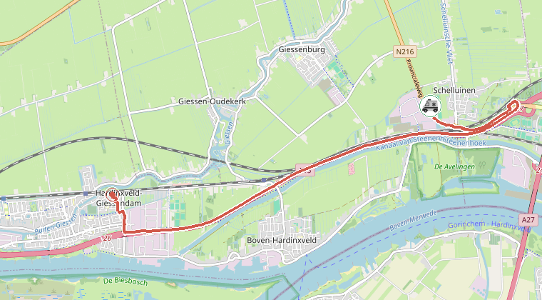 Kaart van de omgeving van de melding, met de kazerne die is gealarmeerd