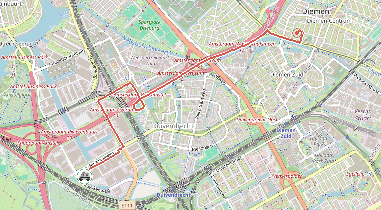 Kaart van de omgeving van de melding, met de kazerne die is gealarmeerd