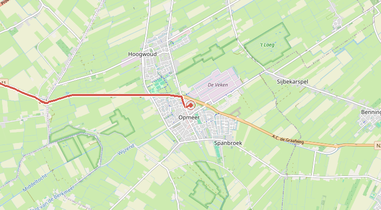 Kaart van de omgeving van de melding, met de kazerne die is gealarmeerd