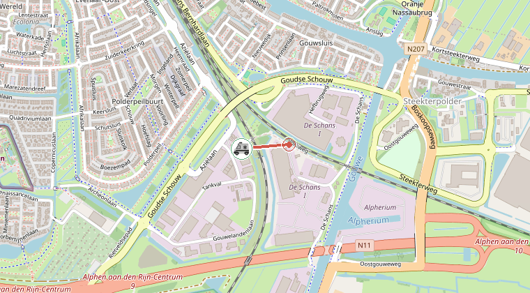 Kaart van de omgeving van de melding, met de kazerne die is gealarmeerd