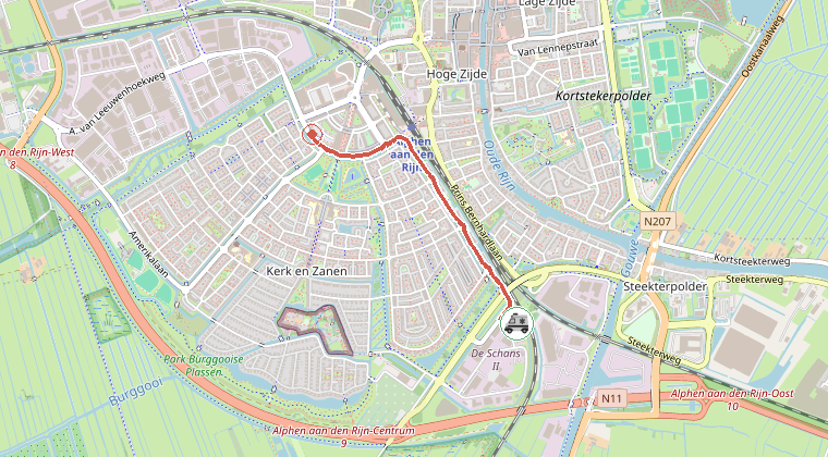Kaart van de omgeving van de melding, met de kazerne die is gealarmeerd