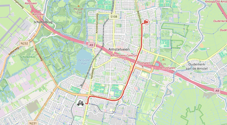 Kaart van de omgeving van de melding, met de kazerne die is gealarmeerd