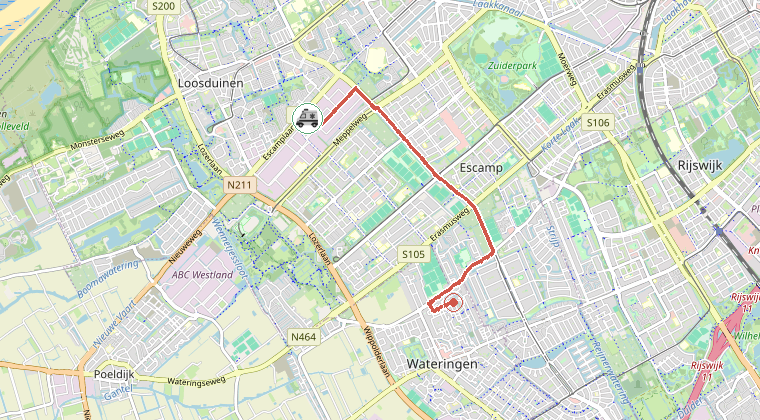Kaart van de omgeving van de melding, met de kazerne die is gealarmeerd