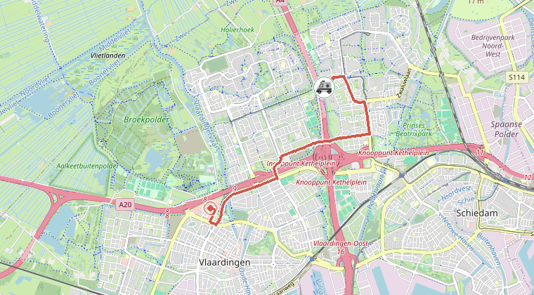 Kaart van de omgeving van de melding, met de kazerne die is gealarmeerd