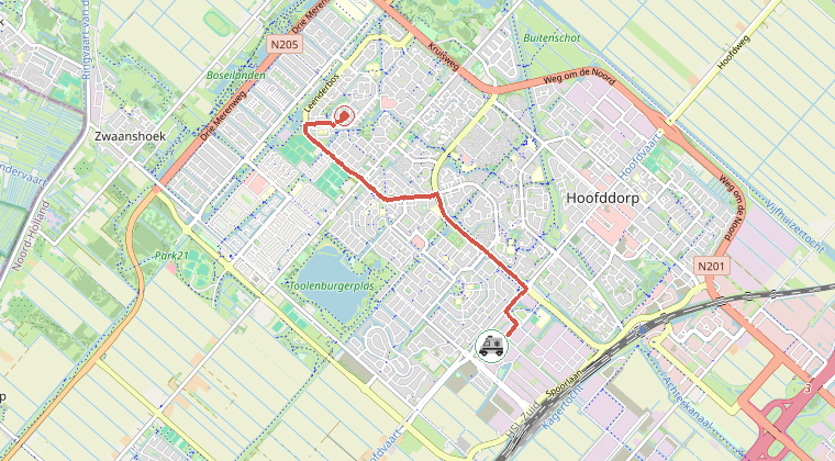 Kaart van de omgeving van de melding, met de kazerne die is gealarmeerd