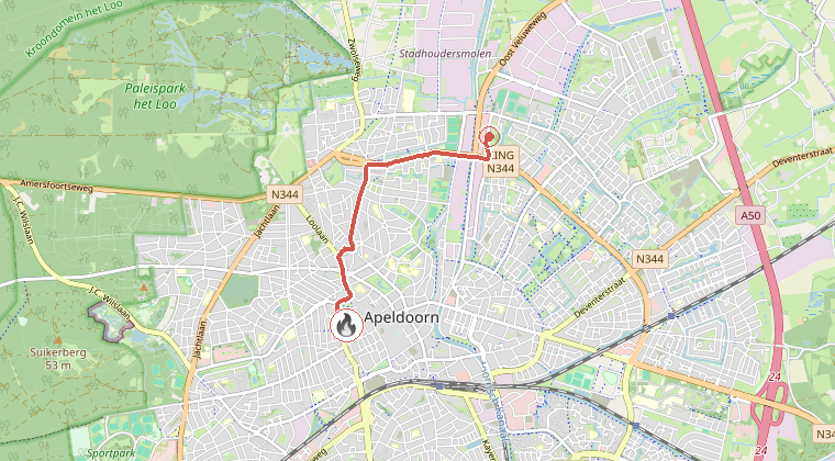 Kaart van de omgeving van de melding, met de kazerne die is gealarmeerd