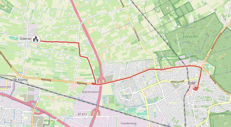 Kaart van de omgeving van de melding, met de kazerne die is gealarmeerd