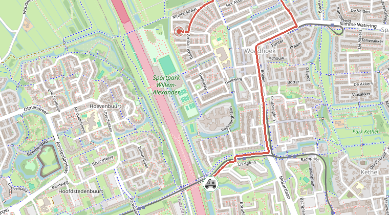 Kaart van de omgeving van de melding, met de kazerne die is gealarmeerd