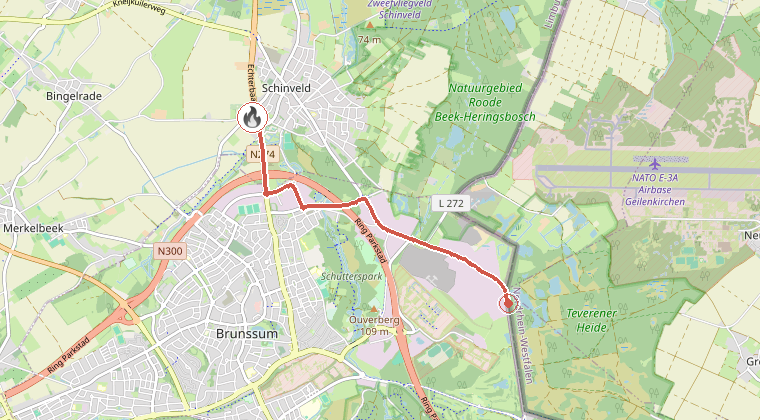 Kaart van de omgeving van de melding, met de kazerne die is gealarmeerd