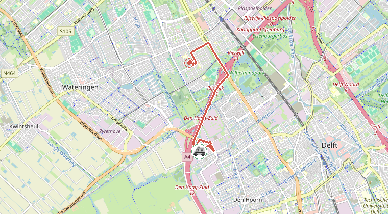 Kaart van de omgeving van de melding, met de kazerne die is gealarmeerd