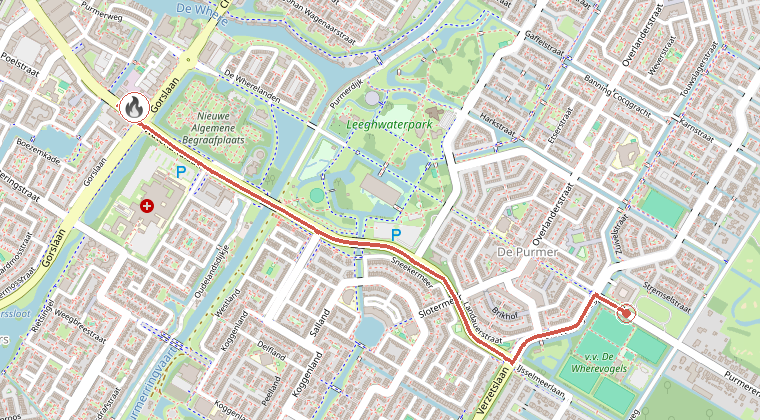 Kaart van de omgeving van de melding, met de kazerne die is gealarmeerd