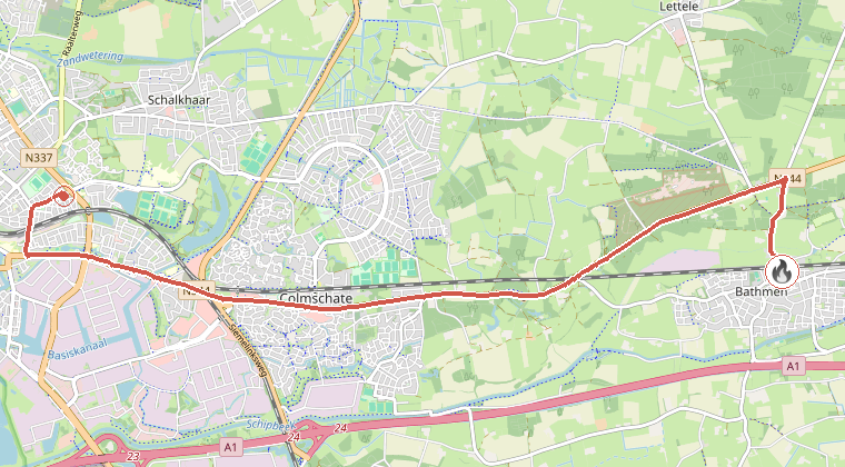 Kaart van de omgeving van de melding, met de kazerne die is gealarmeerd
