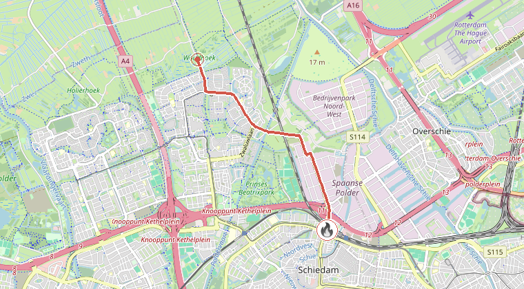 Kaart van de omgeving van de melding, met de kazerne die is gealarmeerd