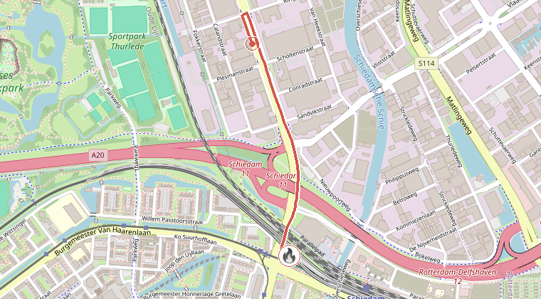 Kaart van de omgeving van de melding, met de kazerne die is gealarmeerd