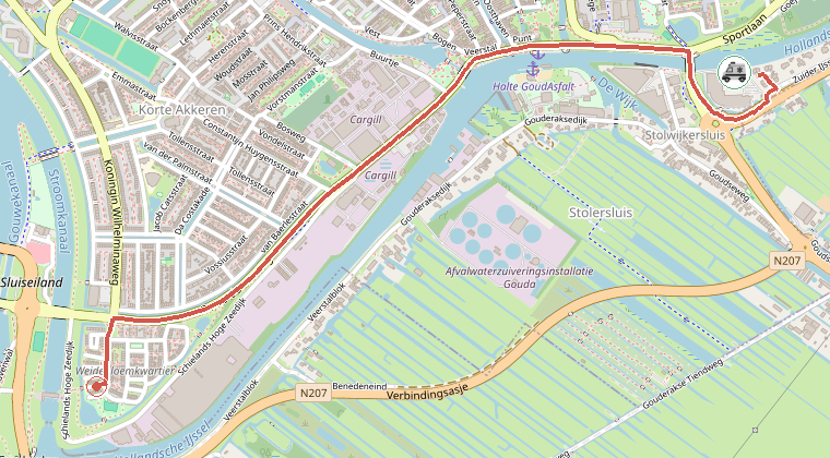 Kaart van de omgeving van de melding, met de kazerne die is gealarmeerd