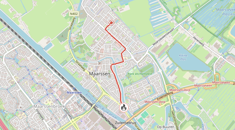 Kaart van de omgeving van de melding, met de kazerne die is gealarmeerd