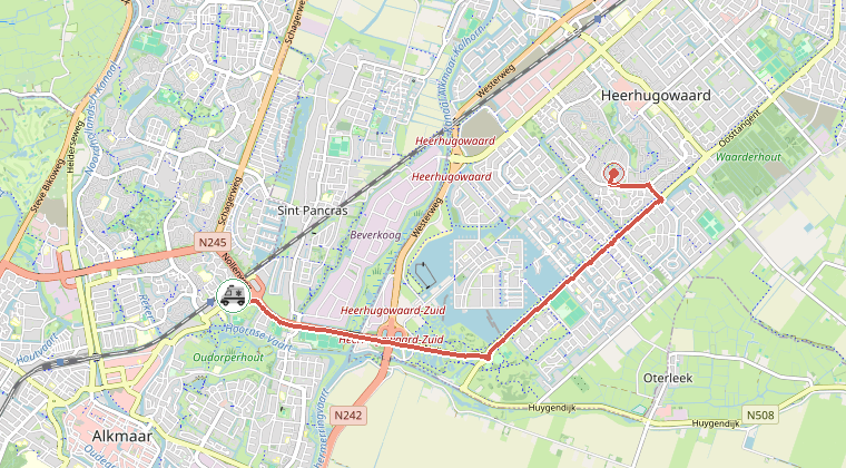 Kaart van de omgeving van de melding, met de kazerne die is gealarmeerd
