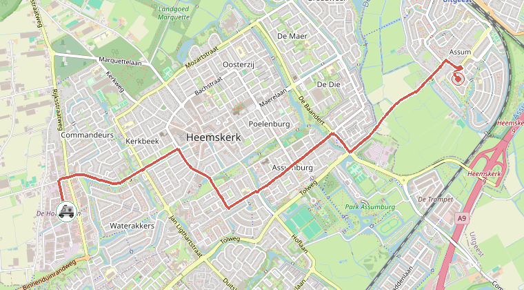 Kaart van de omgeving van de melding, met de kazerne die is gealarmeerd