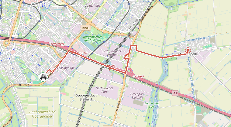 Kaart van de omgeving van de melding, met de kazerne die is gealarmeerd