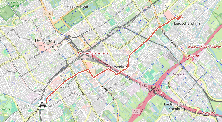 Kaart van de omgeving van de melding, met de kazerne die is gealarmeerd