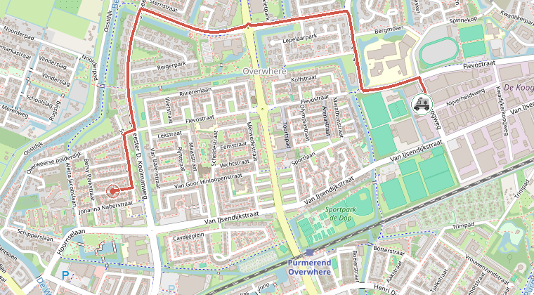Kaart van de omgeving van de melding, met de kazerne die is gealarmeerd