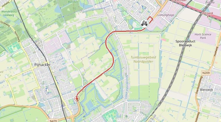 Kaart van de omgeving van de melding, met de kazerne die is gealarmeerd