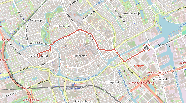 Kaart van de omgeving van de melding, met de kazerne die is gealarmeerd