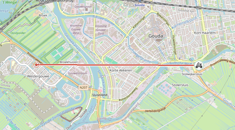Kaart van de omgeving van de melding, met de kazerne die is gealarmeerd