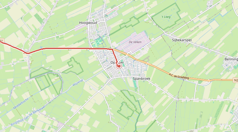 Kaart van de omgeving van de melding, met de kazerne die is gealarmeerd
