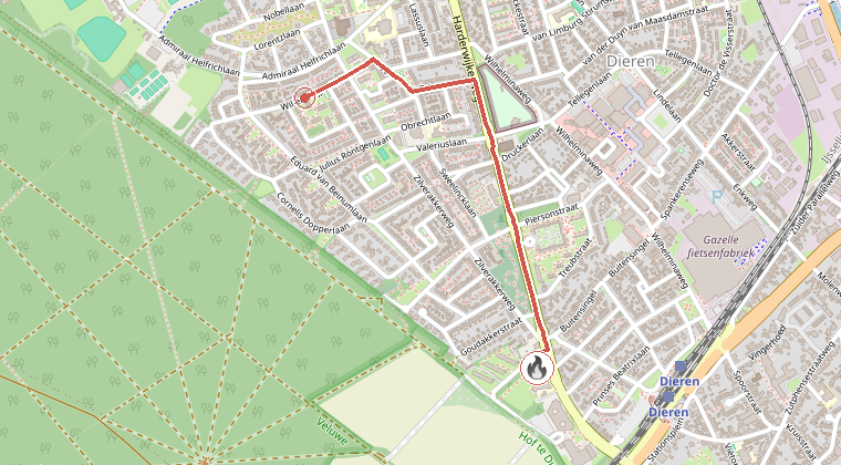 Kaart van de omgeving van de melding, met de kazerne die is gealarmeerd