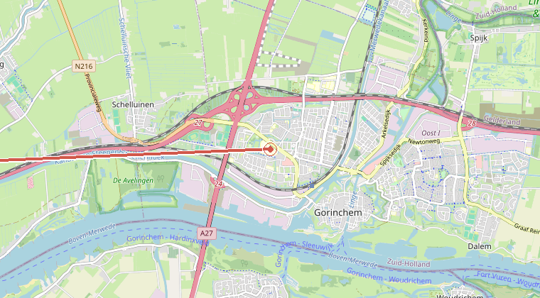 Kaart van de omgeving van de melding, met de kazerne die is gealarmeerd