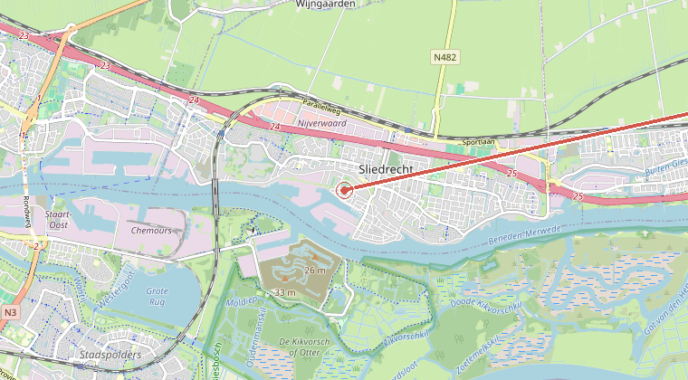 Kaart van de omgeving van de melding, met de kazerne die is gealarmeerd
