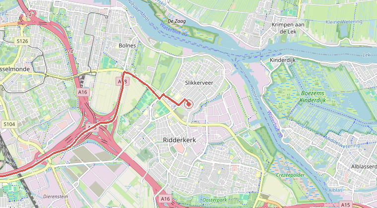 Kaart van de omgeving van de melding, met de kazerne die is gealarmeerd