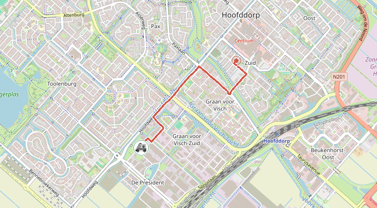 Kaart van de omgeving van de melding, met de kazerne die is gealarmeerd